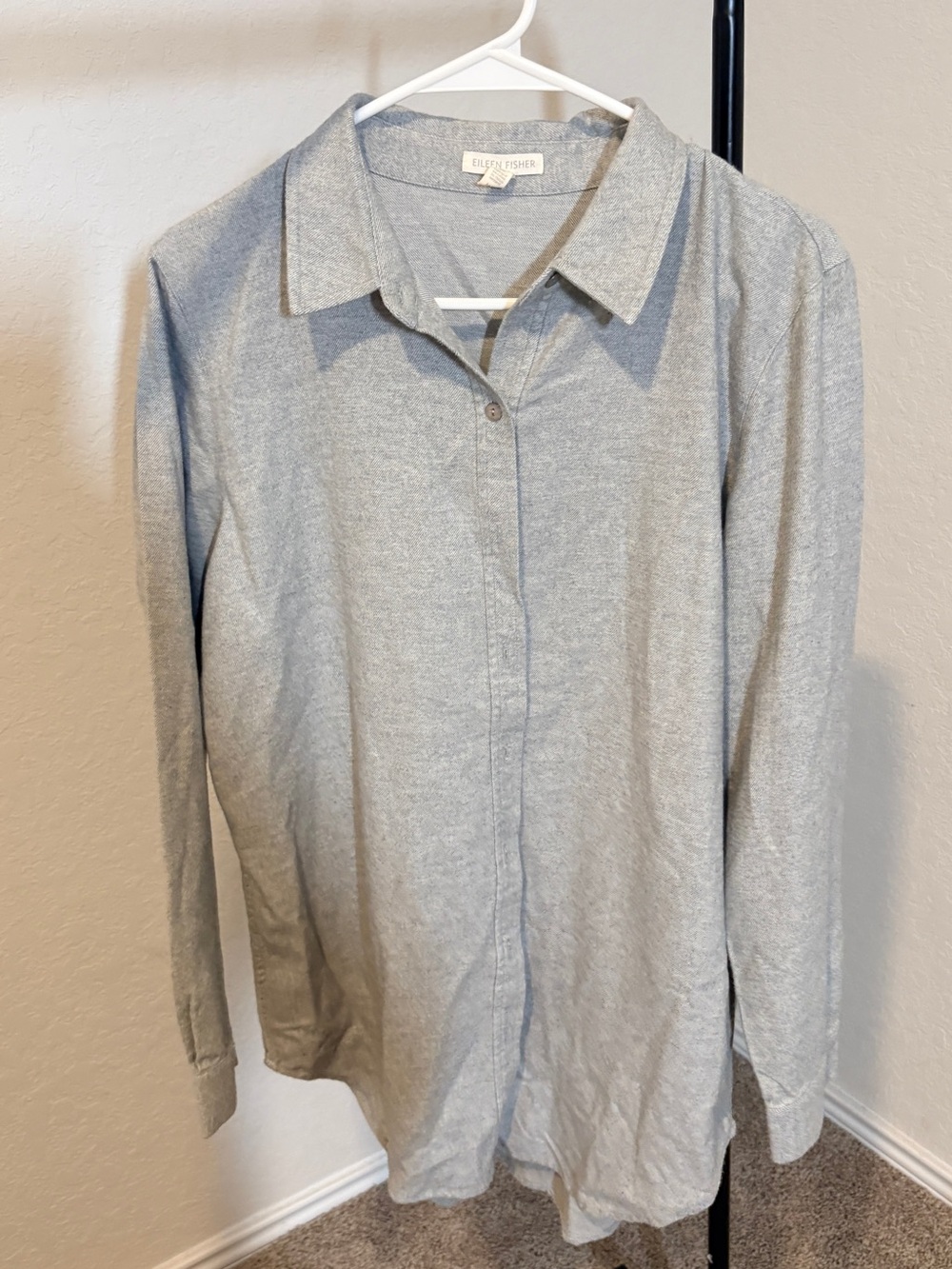 Eileen Fisher 100% Organic Cotton Heather Gray Collared Button-Front Shirt